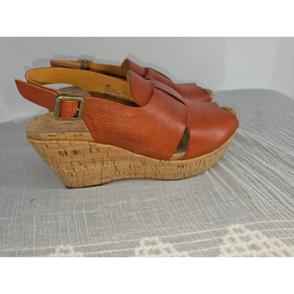 Kork-Ease Women 8M Rust Orange Leather Cork Wedge Platform Sandals KE0010508